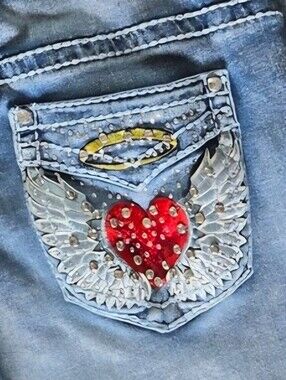 Sky Y2K Bling Angel Wing Heart Streetware Flares 9/10 Denim Western Boho Jeans